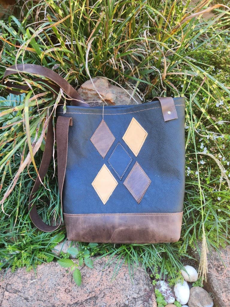 Handmade navy and brown leather day tote with diamond patch detail by Plaasjaap